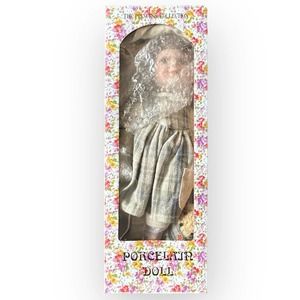 Princess Collection 16" Porcelain Doll Basket & Teddy Bear Brown Hair Green Eyes